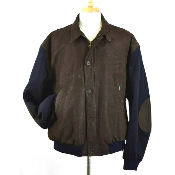 FACONNABLE Brown & Navy Blue Leather & Wool Full Zip Bomber Jacket Men's Size XL - Picture 1 of 12